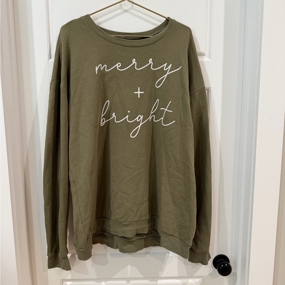 Olive Green 'Merry + Bright' Sweatshirt 3X